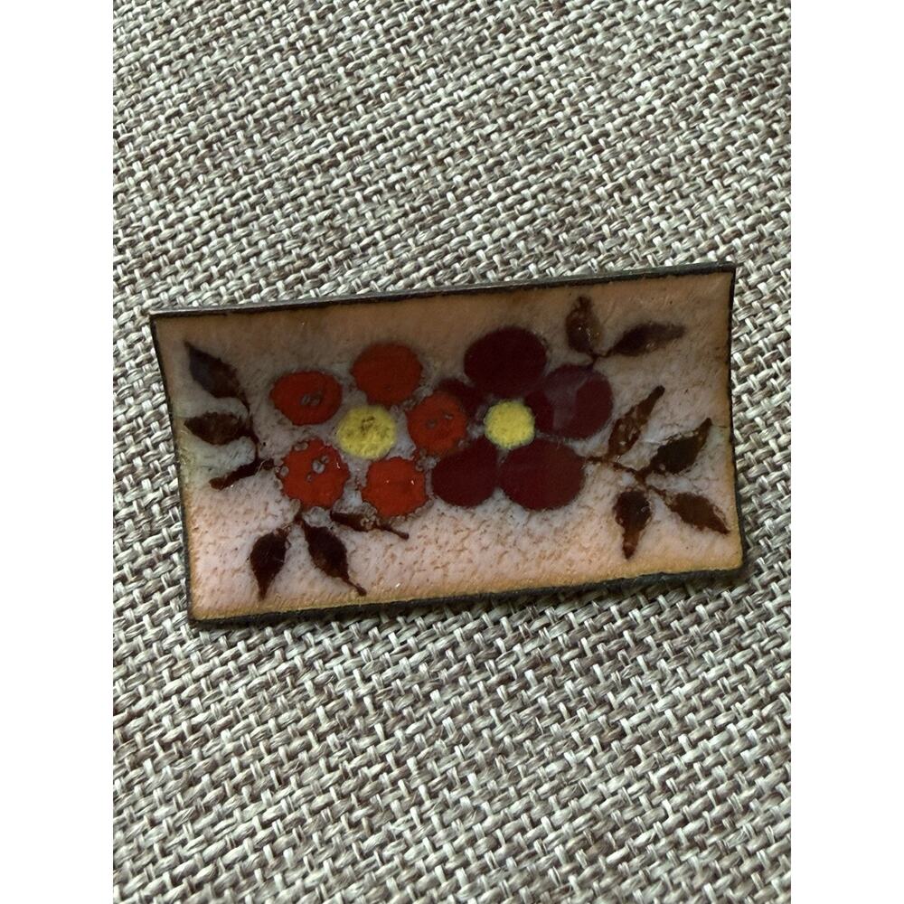 Vintage Enamel Copper Flower Handpainted Brooch Pin Rectangle Art To Wear Artsy